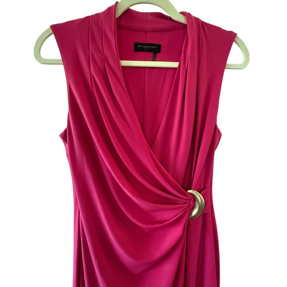DONNA KARAN Barbie‑Pink Faux Wrap Dress With Matte Gold Buckle No Size Maybe XS - Picture 2 of 16